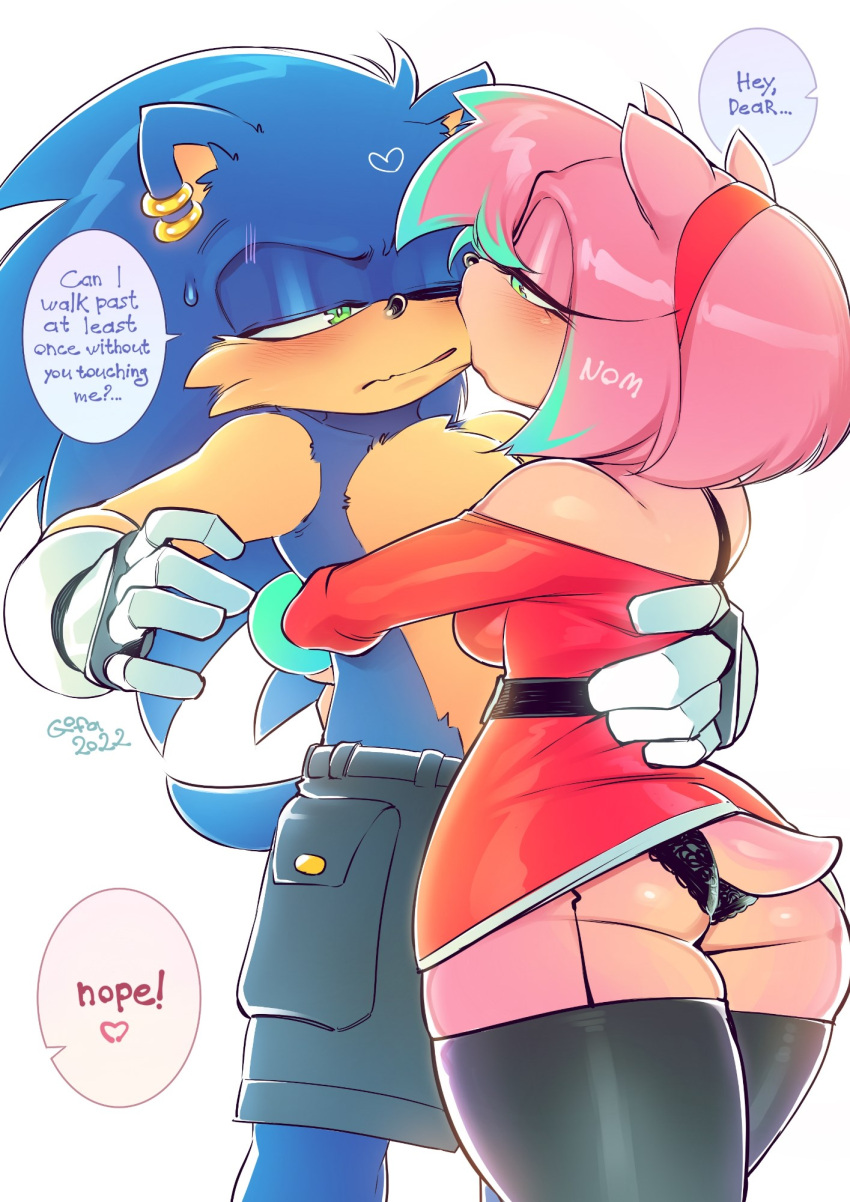 2022 :o amy_rose anthro blue_body bottomwear butt clothing digital_media_(artwork) duo embarrassed embrace eulipotyphlan fan_character female garter_straps gofa green_eyes hedgehog hi_res kissing kissing_cheek legwear male male/female mammal nom open_mouth panties pink_body sega shorts simple_background sonic_the_hedgehog_(series) thigh_highs underwear upskirt white_background