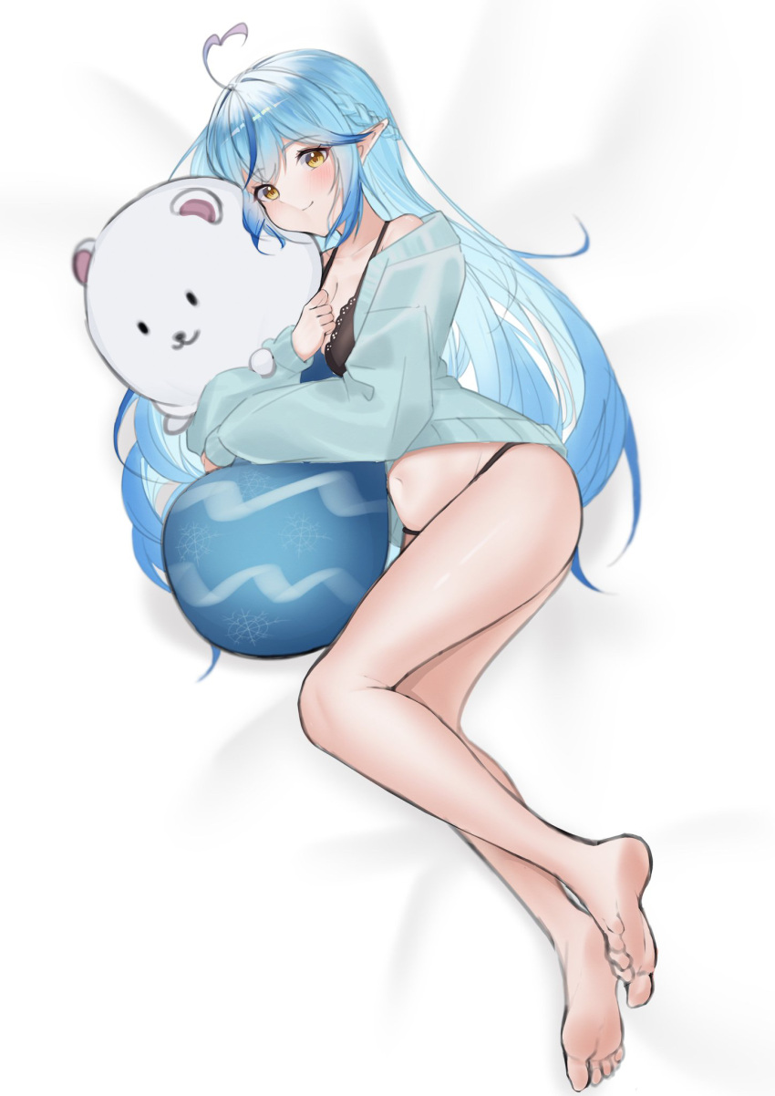 1girl ahoge alternate_costume arurire bare_legs barefoot bed_sheet black_bra black_panties blue_hair blue_jacket blush bra braid breasts cheek_squash cleavage closed_mouth commentary daifuku_(yukihana_lamy) french_braid from_above full_body heart heart_ahoge highres holding holding_stuffed_toy hololive jacket lace-trimmed_bra lace_trim light_blue_hair long_hair looking_at_viewer lying medium_breasts midriff multicolored_hair navel off_shoulder on_side open_clothes open_jacket panties pointy_ears sleepwear smile soles solo streaked_hair stuffed_toy two-tone_hair underwear virtual_youtuber yellow_eyes yukihana_lamy