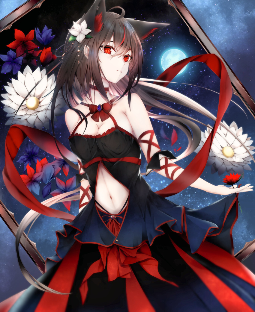 1girl absurdres ahoge animal_ear_fluff animal_ears arm_ribbon bangs black_dress black_hair braid breasts choker cleavage commentary dress earrings extra_ears flower flower_request fox_ears fox_girl full_moon hair_between_eyes hair_flower hair_ornament halter_dress halterneck highres hololive jewelry kurokami_fubuki long_hair looking_at_viewer medium_breasts midriff moon multicolored_hair navel open_hand outstretched_arm red_choker red_eyes red_hair ribbon sidelocks single_braid sleeveless sleeveless_dress solo streaked_hair symbol-only_commentary tsukimiya_(tsukinami15) virtual_youtuber