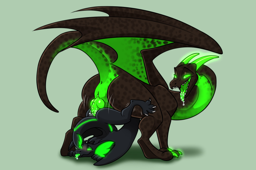 anal anal_penetration anthro anthro_on_feral anthro_penetrated bestiality big_ears black_body bodily_fluids claws dragon duo feral feral_penetrating feral_penetrating_anthro genitals glowing glowing_claws glowing_eyes glowing_genitalia glowing_horn glowing_markings glowing_penis green_body green_eyes hi_res horn knot looking_back male male/male markings multicolored_body paradoxe penetration penis saliva saliva_on_tongue sex simple_background two_tone_body wings