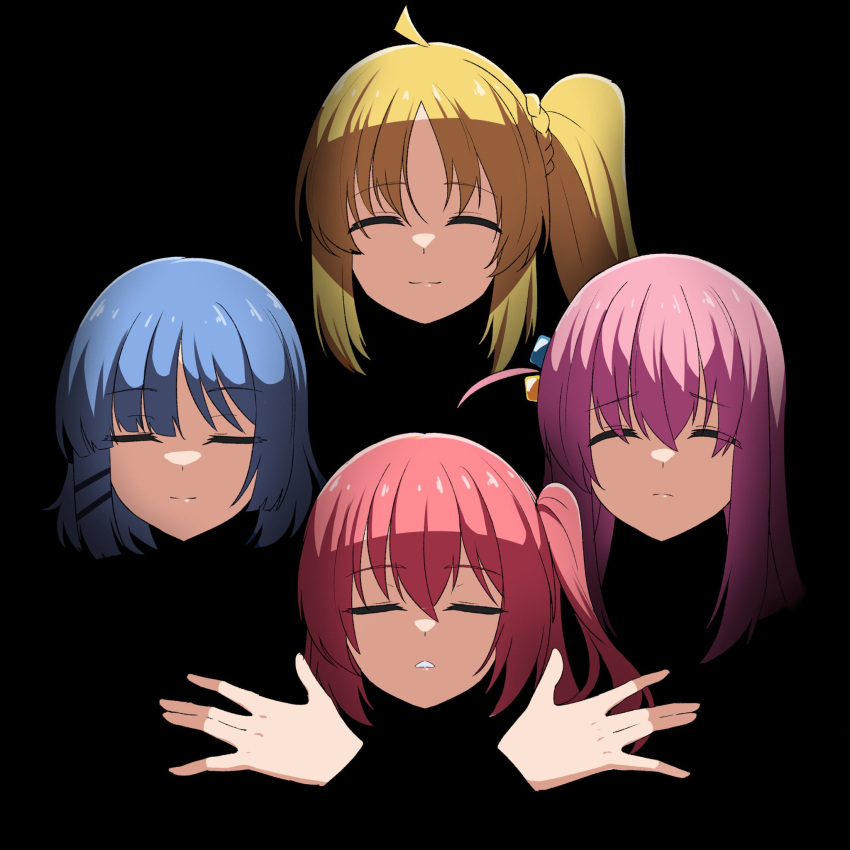 4girls album_cover album_cover_redraw black_background blonde_hair blue_hair bocchi_the_rock! bohemian_rhapsody braid closed_eyes cover crossed_arms derivative_work facing_viewer gotou_hitori hair_cubes hair_ornament hairclip highres ijichi_nijika kita_ikuyo long_hair multiple_girls parody queen_(band) red_hair reia_76 side_ponytail smile yamada_ryou