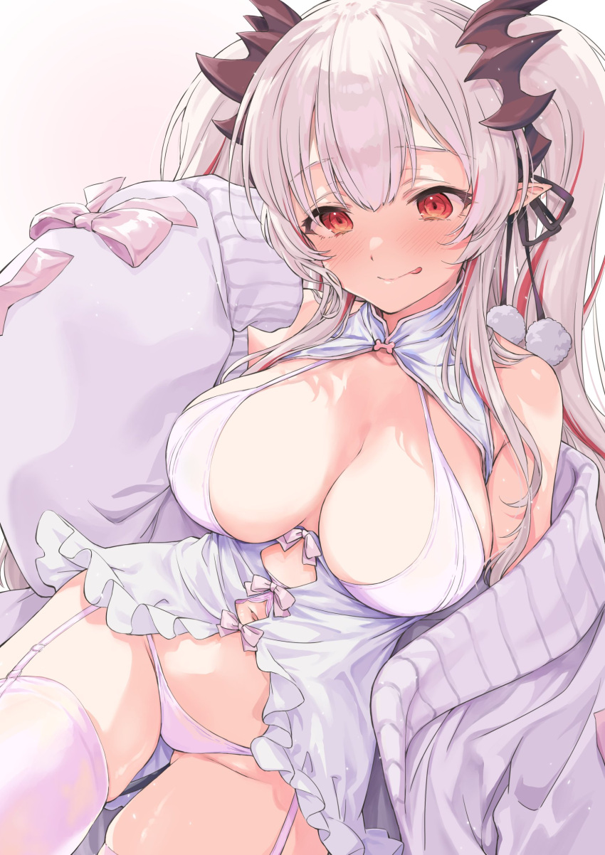 1girl 774_inc. :p absurdres babydoll bangs black_ribbon blush breasts cardigan cleavage garter_straps hair_ribbon highres honey_strap horns large_breasts long_hair long_sleeves multicolored_hair open_cardigan open_clothes panties pointy_ears puffy_long_sleeves puffy_sleeves red_eyes red_hair ribbon shirana_tamana sleeves_past_fingers sleeves_past_wrists solo streaked_hair suou_patra thighhighs tongue tongue_out underwear virtual_youtuber white_hair