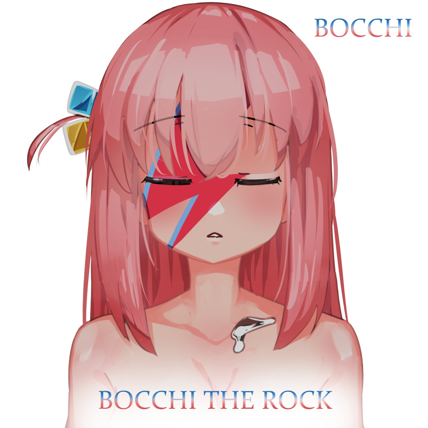 1girl absurdres album_cover_redraw bangs bimbombash bocchi_the_rock! closed_eyes copyright_name cosplay david_bowie david_bowie_(cosplay) derivative_work facepaint facing_viewer gotou_hitori hair_cubes hair_ornament highres pink_hair simple_background solo upper_body white_background