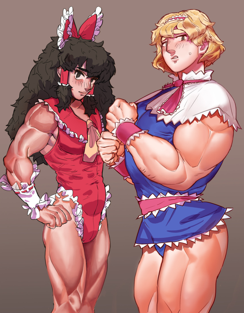 2girls adapted_costume alice_margatroid ascot bangs bare_shoulders black_eyes black_hair blonde_hair blue_dress blush bow brown_background capelet clenched_hands closed_mouth commentary_request cookie_(touhou) cowboy_shot detached_sleeves dress frilled_bow frilled_dress frilled_hair_tubes frilled_hairband frilled_necktie frilled_sash frilled_shirt frills from_side green_eyes hair_bow hair_tubes hairband hakurei_reimu highres leotard long_hair looking_at_viewer maru_(cookie) multiple_girls muscular muscular_female necktie pink_hairband pink_necktie pink_sash red_bow red_leotard ribbon-trimmed_sleeves ribbon_trim sash shirt shitsumin short_hair simple_background touhou web_(cookie) white_capelet white_sleeves yellow_ascot