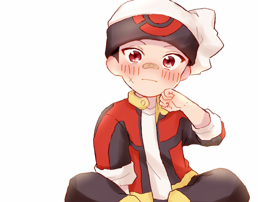 1boy absurdres bandaid bandaid_on_face bandaid_on_nose beanie blush brendan_(pokemon) closed_mouth commentary_request hand_up hat highres jacket male_focus open_clothes open_jacket pants pokemon pokemon_adventures red_eyes red_jacket shirt short_hair simple_background sitting solo tsukimi_(tkm_516) white_background white_headwear white_shirt
