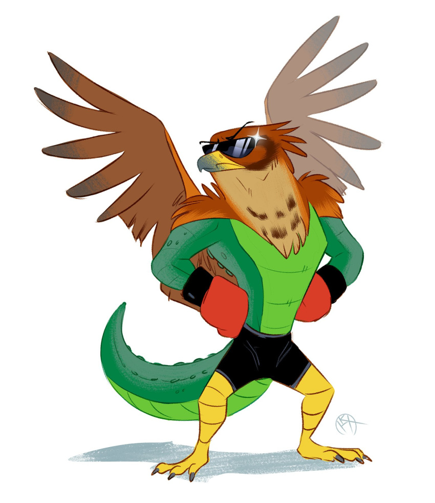 2018 anthro avian barefoot beak biceps biped black_bottomwear black_clothing black_shorts bottomwear brown_body brown_feathers clothing crocodile crocodilian crocodylid digital_drawing_(artwork) digital_media_(artwork) eyewear feathers feet fur glasses gloves green_body green_skin green_tail hands_on_hips handwear hawkodile hi_res hybrid krossan_(artist) lego male multicolored_body pecs pose red_clothing red_gloves red_handwear reptile scalie shorts signature simple_background solo standing sunglasses the_lego_movie tongue tongue_out unikitty! white_background wings