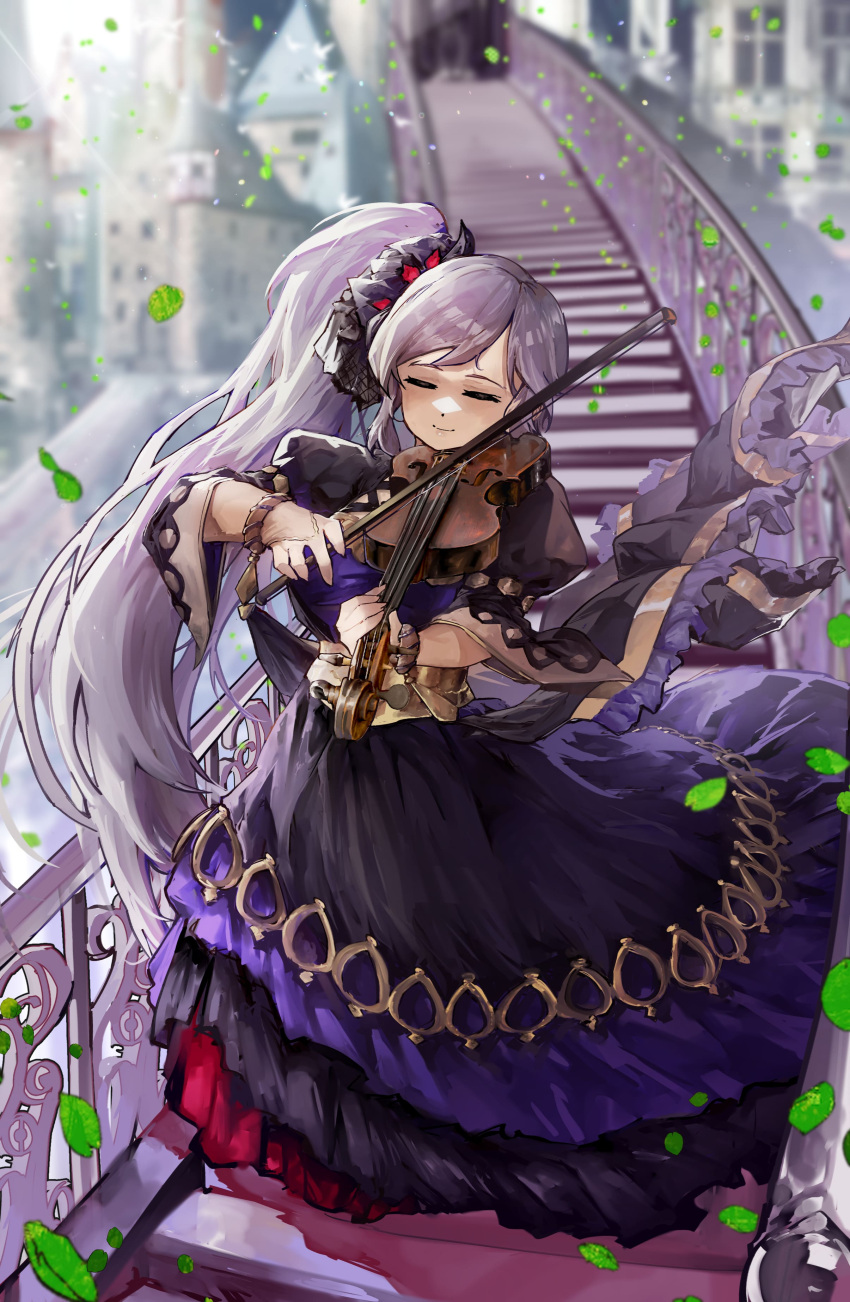 1girl absurdres alternate_costume closed_eyes commission commissioner_upload dress fire_emblem fire_emblem:_genealogy_of_the_holy_war fire_emblem_heroes hair_ornament hair_ribbon highres holding holding_instrument instrument ishtar_(fire_emblem) long_hair official_alternate_costume purple_hair ribbon stairs violin vyragami