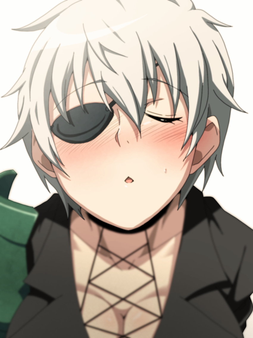 1girl akame_ga_kill! blush breasts cleavage closed_eyes eyepatch facing_viewer highres incoming_kiss najenda_(akame_ga_kill!) nose_blush open_mouth pov ryohei_29 short_hair simple_background solo white_background white_hair