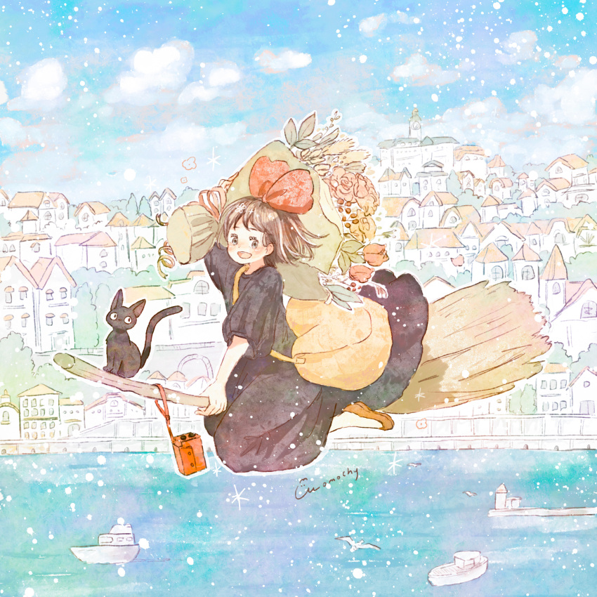 1girl animal black_cat black_dress blue_sky boat bouquet bow broom broom_riding brown_eyes brown_hair building carrying_bag cat cityscape cloud day dress floating_hair flower flying hair_bow highres kiki_(majo_no_takkyuubin) landscape leaf light_particles looking_at_viewer majo_no_takkyuubin momochy ocean open_mouth pastel_colors pink_flower pink_rose pink_tulip plant red_bow red_flower red_rose rose ship short_hair sky studio_ghibli town tree tulip water watercraft yellow_bag