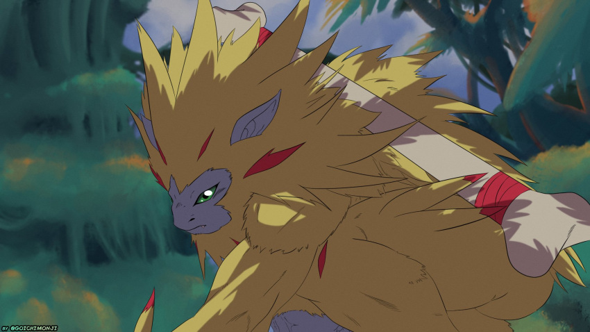 16:9 anthro apemon bandai_namco bone butt detailed_background digimon digimon_(species) fur glaring glaring_at_viewer goichimonji haplorhine hi_res male mammal monkey primate screencap_redraw widescreen yellow_body yellow_fur