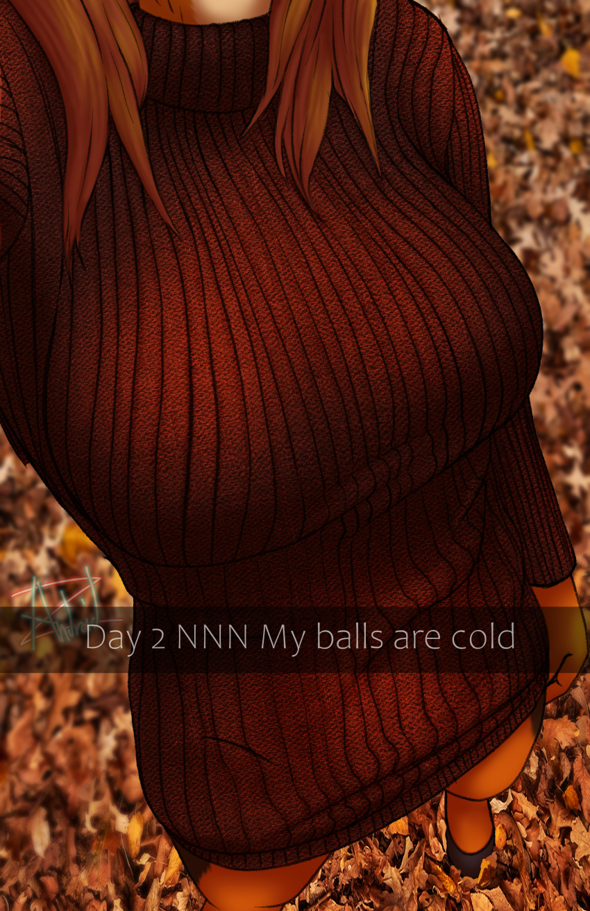 absurd_res androidz anthro breasts canid canine canis clothed clothing domestic_dog english_text gynomorph hair hi_res intersex leaves_on_ground mammal mel(androidz) simple_background solo sweater text topwear trans_(lore) trans_woman_(lore)