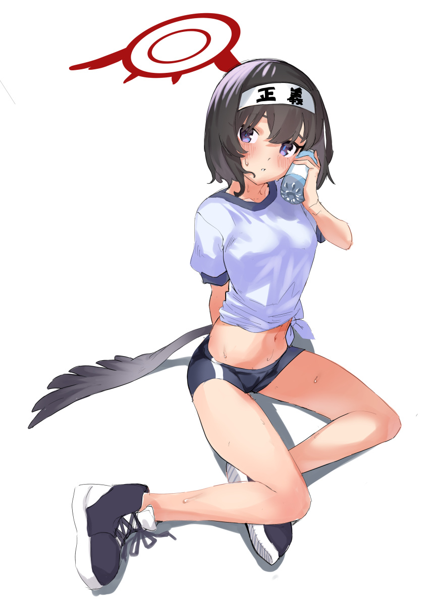 1girl absurdres bangs black_footwear black_hair black_wings blue_archive blue_buruma blush bottle breasts buruma clothes_writing erory6_(ro) full_body gym_uniform halo headband highres looking_at_viewer mashiro_(blue_archive) mini_wings purple_eyes shirt shoes short_hair short_sleeves side-tie_shirt simple_background sitting small_breasts solo sweat tied_shirt water_bottle white_background white_headband white_shirt wings