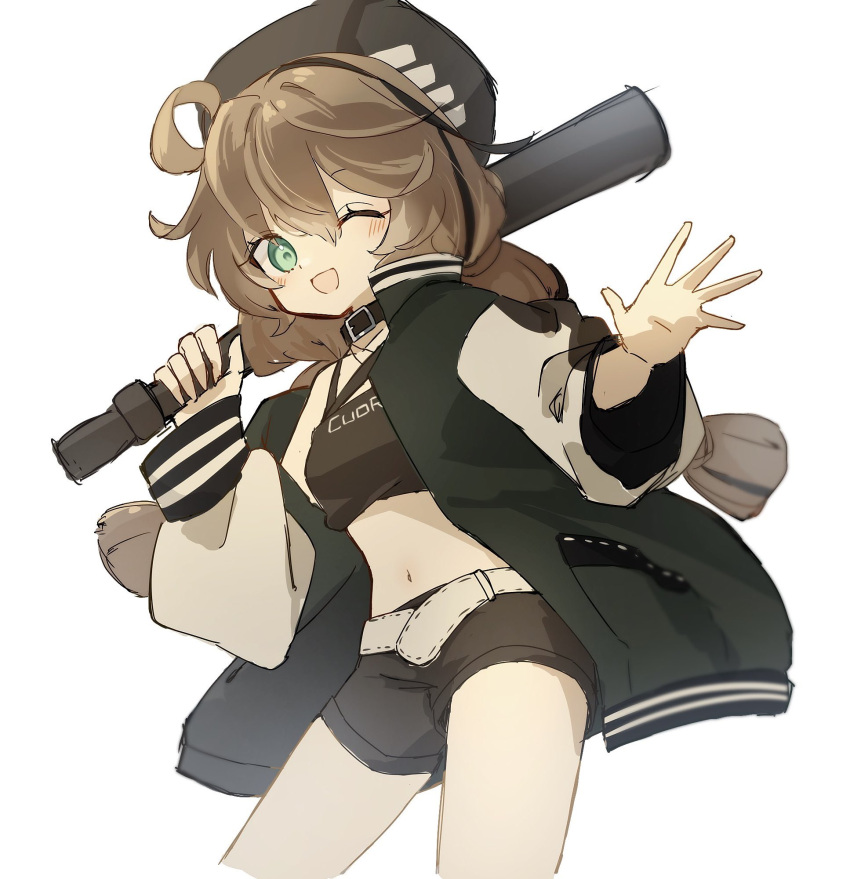 1girl ;d ahoge arknights bangs baseball_bat belt belt_buckle black_headwear black_shorts braid brown_hair buckle commentary_request crop_top cropped_legs cuora_(arknights) green_eyes green_jacket hair_between_eyes hat highres holding holding_baseball_bat jacket long_hair long_sleeves looking_at_viewer metal_baseball_bat mgmg_cc211 midriff navel one_eye_closed open_clothes open_jacket puffy_long_sleeves puffy_sleeves short_shorts shorts simple_background sleeves_past_wrists smile solo twin_braids very_long_hair white_background white_belt