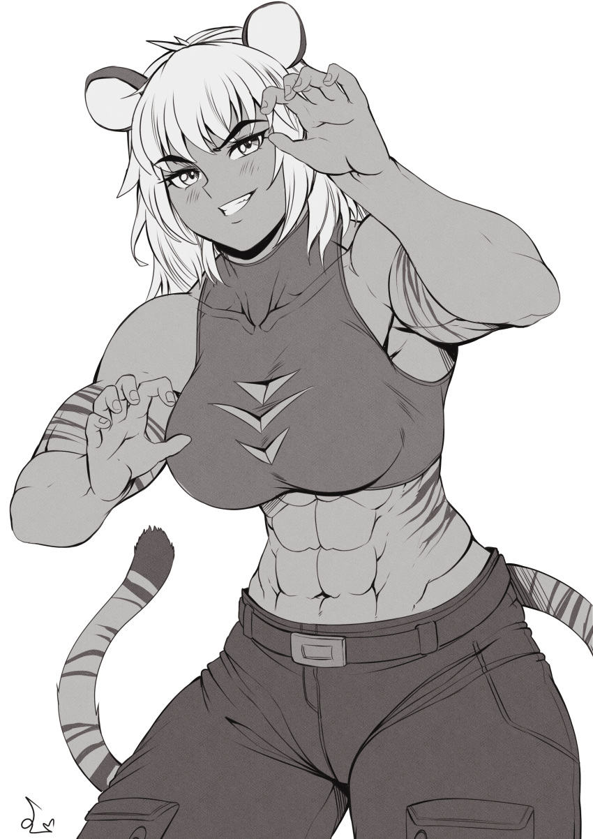 2022 abs absurd_res animal_humanoid bottomwear breasts cleavage_cutout clothing crop_top felid felid_humanoid female hair hi_res humanoid mammal mammal_humanoid midriff monochrome muscular muscular_female navel pantherine pantherine_humanoid pants shirt solo speedl00ver tiger_humanoid topwear