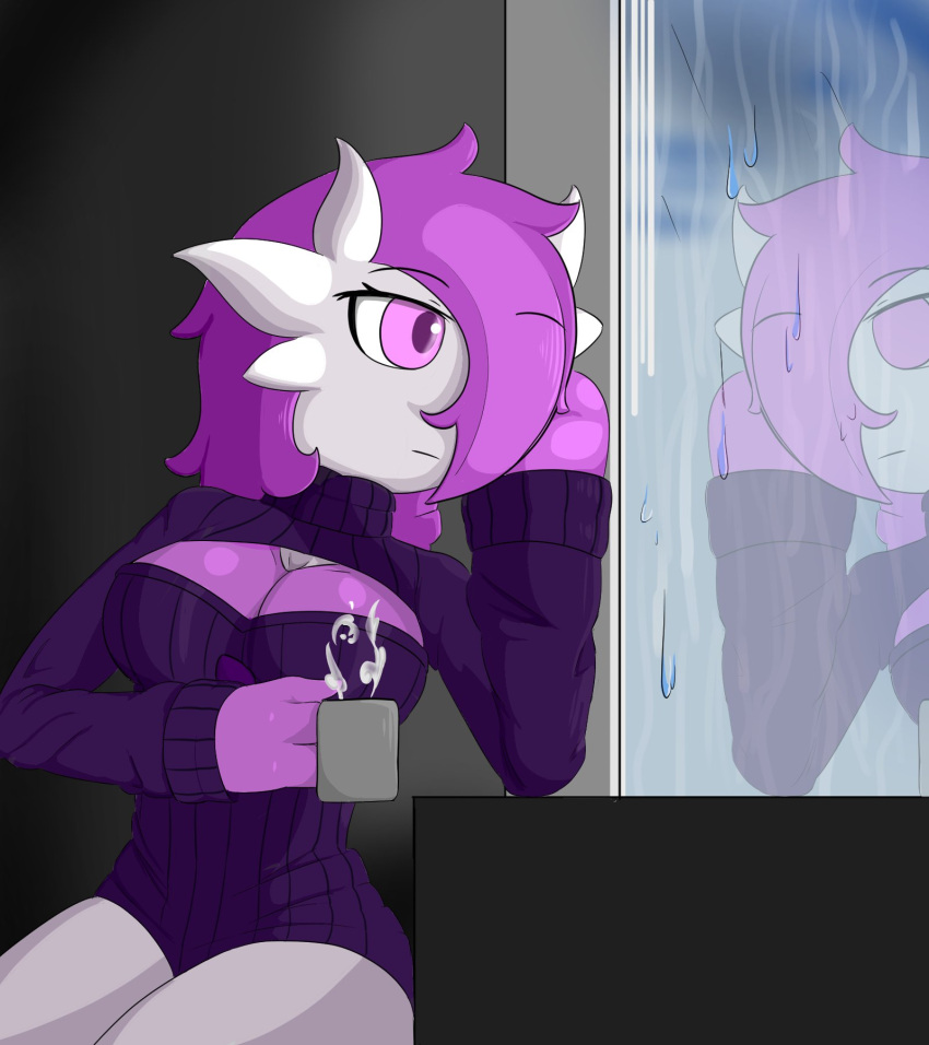 2020 3_fingers cleavage_cutout detailed_background female fingers gardevoir generation_3_pokemon hair hair_over_eye hi_res holding_mug holding_object humanoid looking_at_reflection melancholic messy_hair mferite mug nintendo not_furry one_eye_obstructed pink_eyes pokemon pokemon_(species) purple_body purple_hair rain_on_window raining reflection resting_arm solo steam video_games