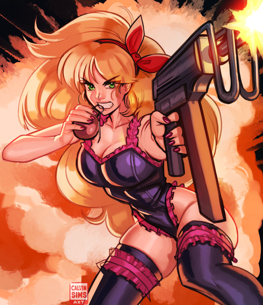 1girl absurdres alternate_costume big_hair black_background black_leotard black_thighhighs blonde_hair bow_hairband breasts calvin_sims cleavage dark_persona dragon_ball dragon_ball_(classic) dual_wielding english_commentary explosion explosive fingernails firing frilled_garter frilled_leotard frills green_eyes grenade gun hairband highres holding holding_grenade holding_gun holding_weapon imi_uzi large_breasts leotard long_hair lunch_(dragon_ball) mouth_hold muzzle_flash pink_garter purple_nails red_hairband sleeveless solo submachine_gun thighhighs very_long_hair weapon