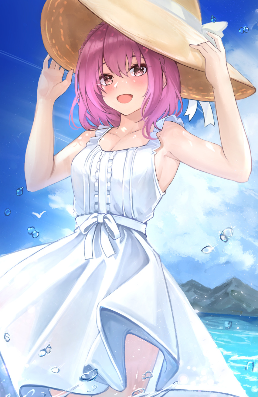 1girl absurdres braid cloud cloudy_sky commission cowboy_shot date_a_live dress english_commentary hand_on_headwear hat highres looking_at_viewer medium_hair nao_(okt8538) ocean open_mouth pink_eyes pink_hair short_hair sky sleeveless sleeveless_dress solo sonogami_rinne sun_hat sundress water white_dress