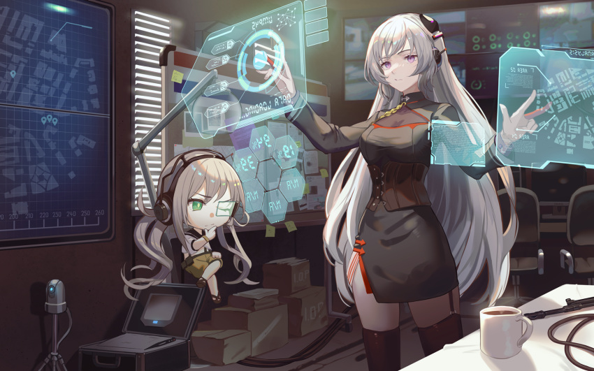 2girls bangs black_dress black_thighhighs blonde_hair coffee_mug command_fairy_(girls'_frontline) commission cup dress english_commentary fairy_(girls'_frontline) g3_(girls'_frontline) garter_straps girls'_frontline green_eyes grey_hair hair_ornament hairclip headphones highres holographic_interface indoors long_hair long_sleeves map mod3_(girls'_frontline) mug multiple_girls niac parted_lips pencil_skirt purple_eyes skirt thighhighs