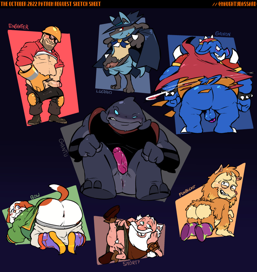 absurd_res alien anthro anus backsack balls bottomless bow_(breath_of_fire) butt canid canine canis clothed clothing disney domestic_dog engineer_(team_fortress_2) english_text erection funbucket ganon gantu generation_4_pokemon genitals group hi_res human lilo_and_stitch lucario male mammal multiple_images naughtybassard nintendo penis pokemon pokemon_(species) presenting presenting_anus solar_opposites suid suina sus_(pig) team_fortress_2 text the_legend_of_zelda torn_clothing valve video_games wild_boar