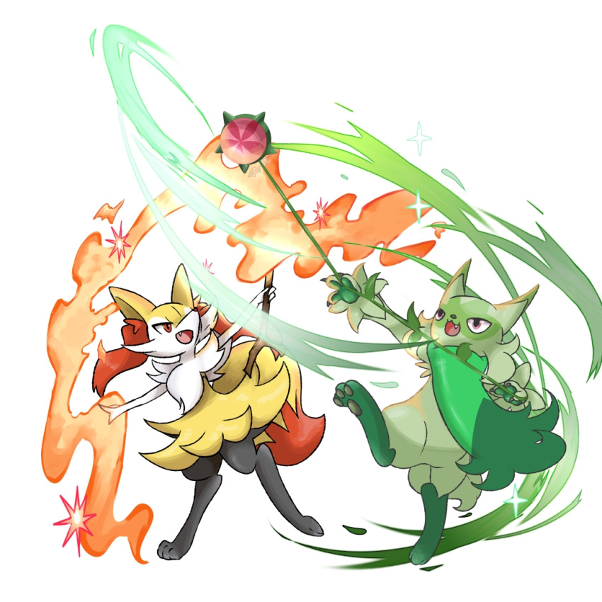 1girl 1other :3 animal_ear_fluff animal_ears animal_feet animal_hands animal_nose black_fur body_fur braixen cat_ears chinese_commentary claws commentary_request fang feet fire flat_chest floragato fox_ears fox_girl fox_tail full_body fur_collar furry furry_female green_fur happy holding holding_stick leg_up looking_up mew_kate multicolored_fur open_mouth outstretched_arm outstretched_arms pawpads pokemon pokemon_(creature) purple_eyes red_eyes smile snout sparkle standing standing_on_one_leg stick tail white_background white_fur yellow_fur yo-yo