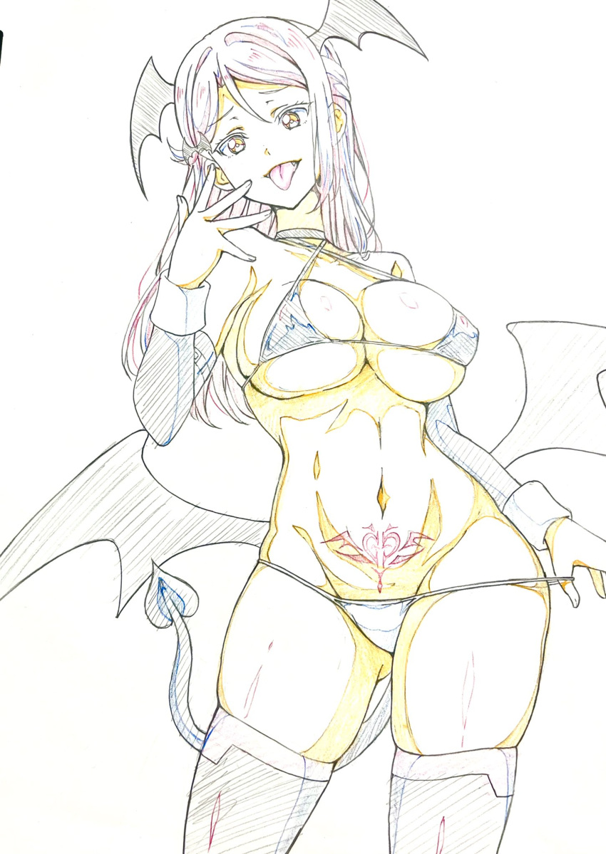 1girl :p adjusting_clothes adjusting_swimsuit bangs bat_wings bikini breasts color_trace commentary cowboy_shot criss-cross_halter demon_tail detached_sleeves fang groin halloween halloween_costume halterneck head_wings highres kotokoto_(jumon) large_breasts lineart long_hair looking_at_viewer love_live! love_live!_sunshine!! low_wings navel pubic_tattoo sakurauchi_riko skindentation solo standing string_bikini swept_bangs swimsuit tail tattoo thigh_strap tongue tongue_out wings