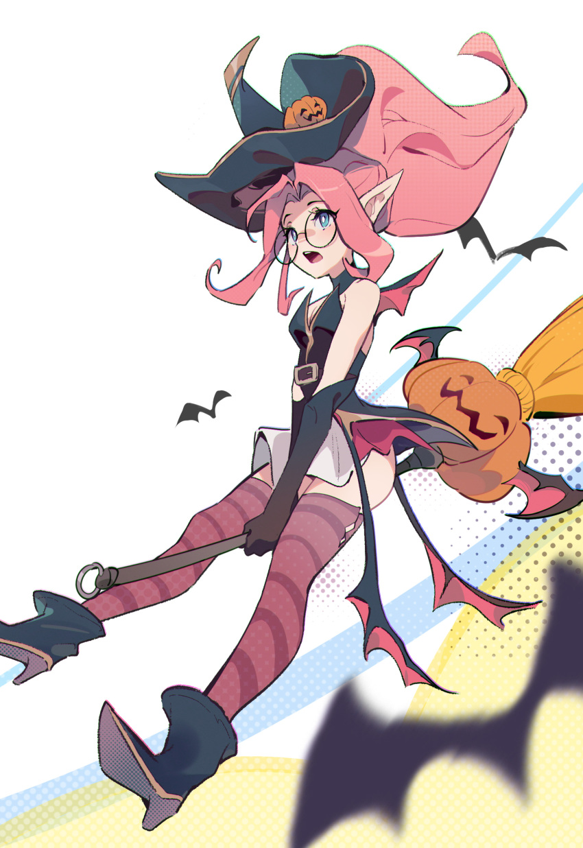1girl :o absurdres animal bangs bare_shoulders bat_(animal) bewitching_janna black_footwear black_gloves black_headwear breasts broom broom_riding from_side full_body glasses gloves hat high_heels highres janna_(league_of_legends) league_of_legends long_hair multicolored_background orange_thighhighs parted_bangs pink_hair pointy_ears ponytail pumpkin round_eyewear shiny shiny_hair shoes small_breasts solo striped striped_thighhighs teeth thighhighs tianshi_bianjie upper_teeth white_background witch_hat