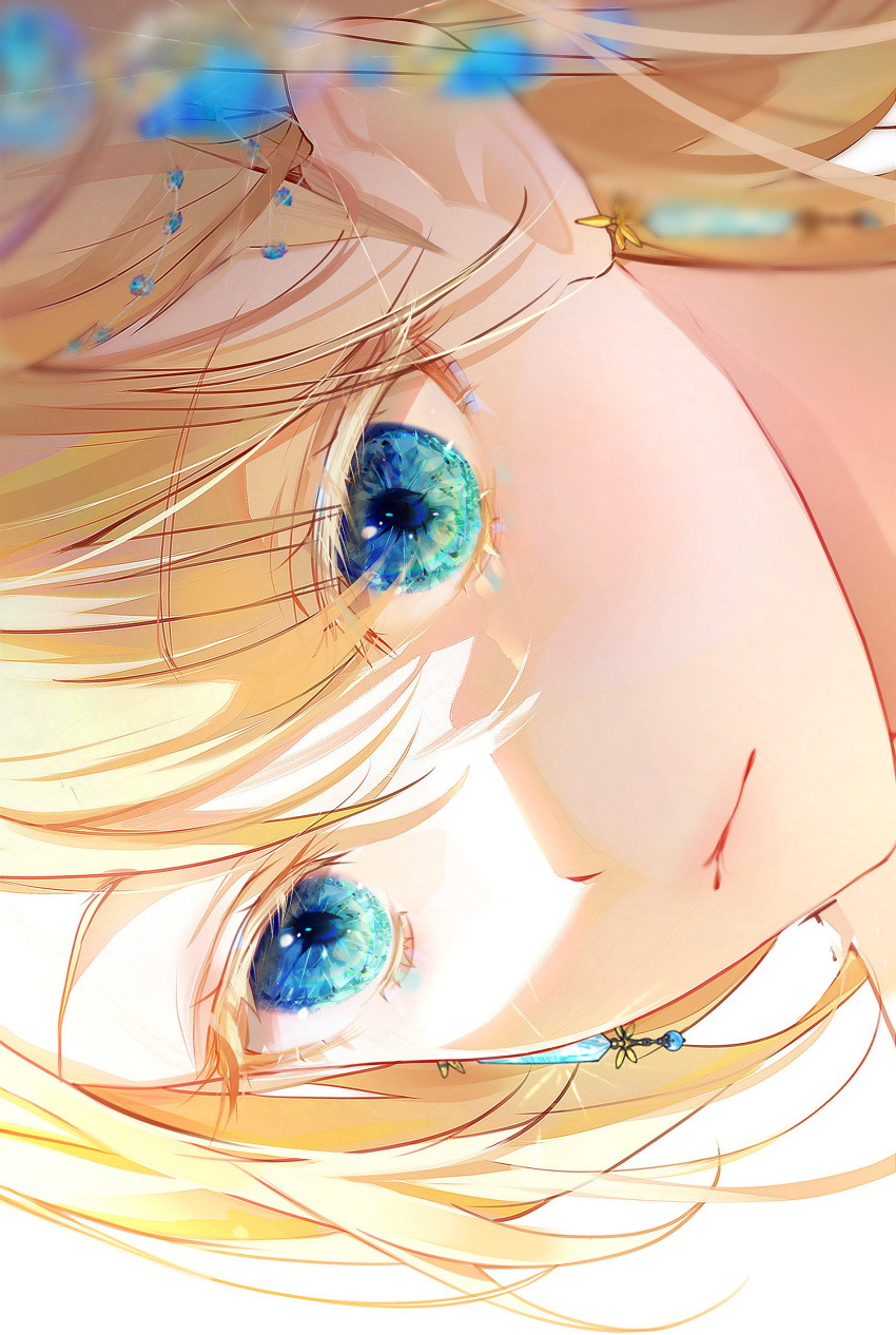 1girl 58_(opal_00_58) blonde_hair blue_eyes blue_gemstone blurry blurry_foreground close-up closed_mouth commentary depth_of_field earrings english_commentary exif_rotation eye_focus gem glint highres jewelry lips original portrait revision solo