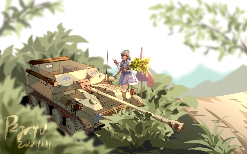 1girl absurdres artist_name asu-57 blue_dress blue_hair bush dated dress flower foliage ground_vehicle heterochromia highres holding holding_flower log long_sleeves military military_vehicle motor_vehicle open_mouth pzgr.40 short_hair solo tank tatara_kogasa touhou tree umbrella v