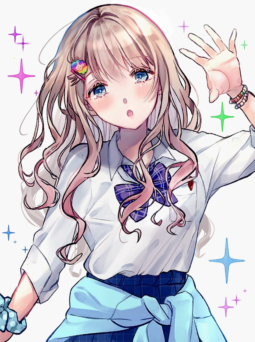 1girl aqua_scrunchie armlet bead_bracelet beads blue_cardigan blue_eyes blue_skirt bow bracelet cardigan cardigan_around_waist chestnut_mouth clothes_around_waist colored_eyelashes gyaru highres idolmaster idolmaster_shiny_colors jewelry light_brown_hair lion_hair_ornament long_hair long_sleeves looking_at_viewer nihe_p pen_in_pocket plaid plaid_bow plaid_skirt pleated_skirt pocket purple_bow rainbow_hair_ornament school_uniform scrunchie serizawa_asahi shirt skirt sleeves_past_elbows sleeves_rolled_up solo star_(symbol) white_background white_shirt
