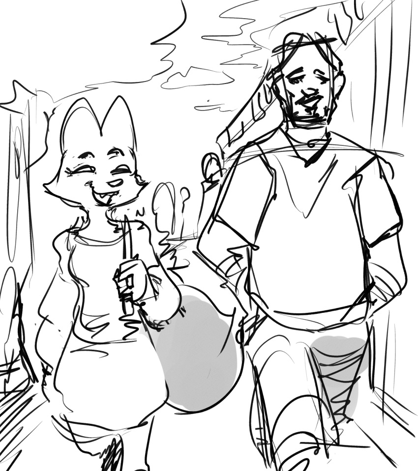 2022 anthro canid canine clothed clothing diane_foxington dreamworks duo fox fully_clothed hi_res human john_wick mammal monochrome noctoc sketch smile the_bad_guys walking