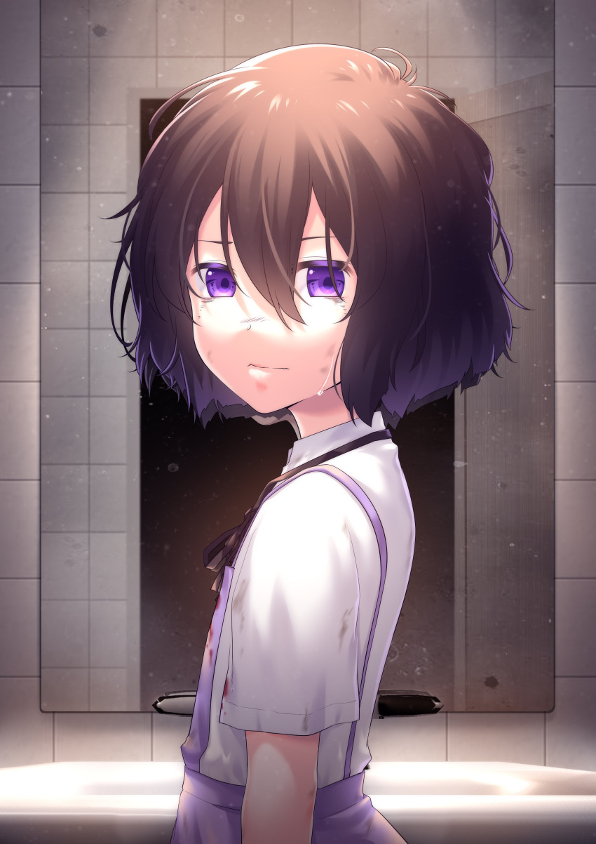 1girl absurdres black_hair blood blood_on_clothes brown_hair hair_between_eyes highres levana_violette_(lusan666) looking_back lusan666 mirror multicolored_hair original overalls purple_eyes purple_overalls shirt short_hair short_sleeves solo white_shirt