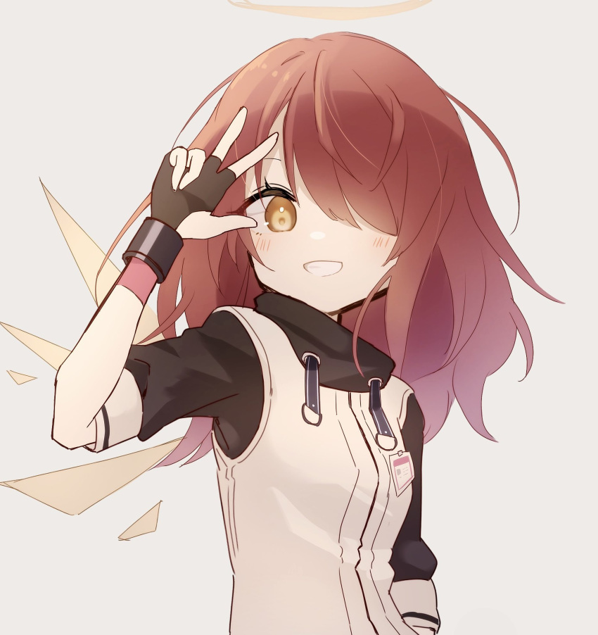 1girl alternate_hair_length alternate_hairstyle arknights detached_wings energy_wings exusiai_(arknights) fingerless_gloves gloves hair_over_one_eye halo highres id_card jacket long_hair mgmg_cc211 raglan_sleeves red_hair smile solo v white_jacket wings