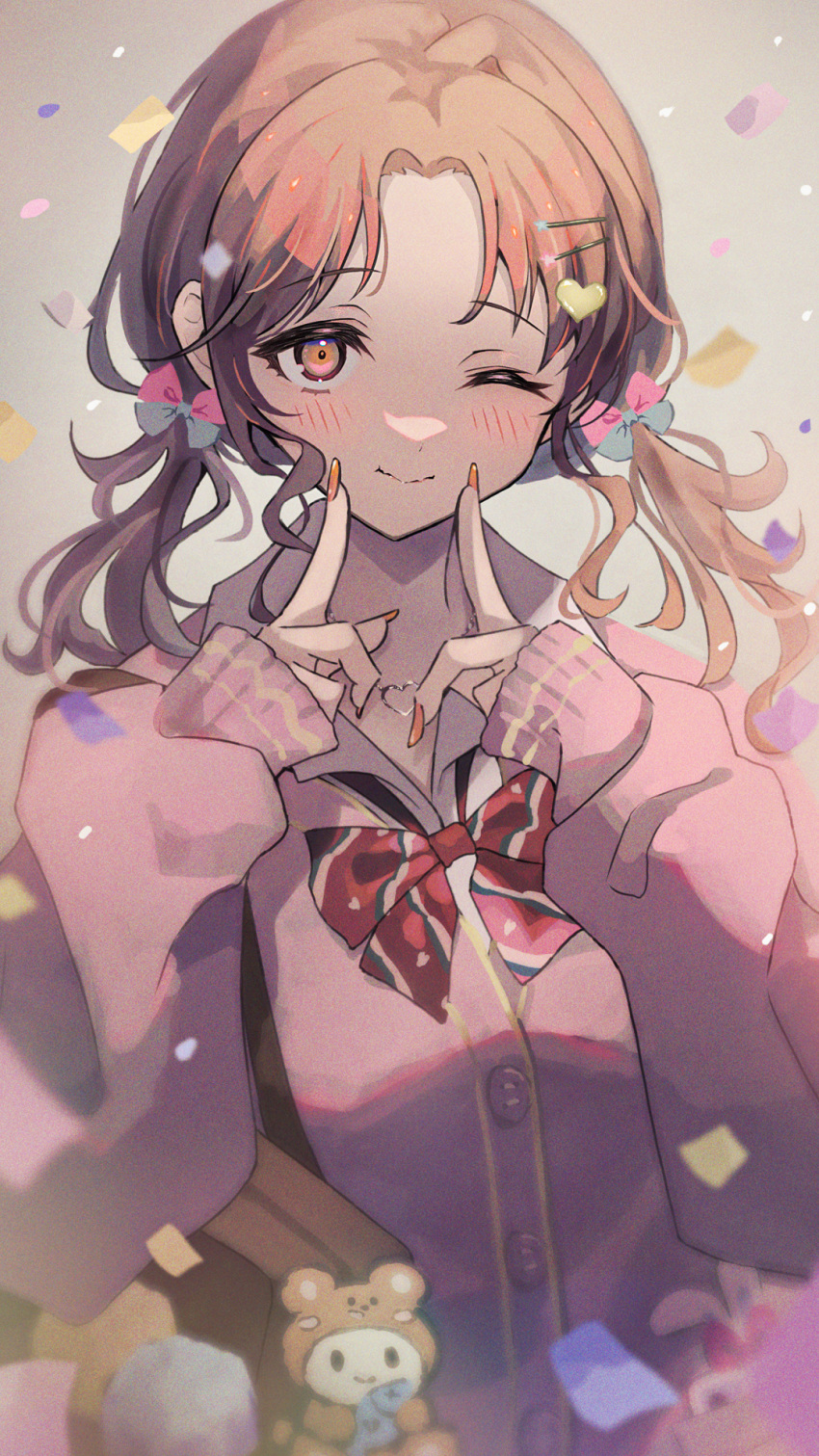1girl bangs bimbofication blurry blush bow brown_hair cardigan collarbone confetti depth_of_field finger_to_mouth grey_background grey_bow gyaru hair_bow hair_ornament hairpin heart heart_necklace highres ichikawa_hinana idolmaster idolmaster_shiny_colors index_finger_raised jewelry long_sleeves low_twintails multiple_hairpins nail_polish necklace one_eye_closed parted_bangs pink_bow pink_cardigan red_bow school_uniform shirt sleeves_past_wrists smile solo striped striped_bow stuffed_animal stuffed_toy twintails two-tone_bow umeume_(totoya) white_shirt wing_collar yellow_eyes yellow_nails