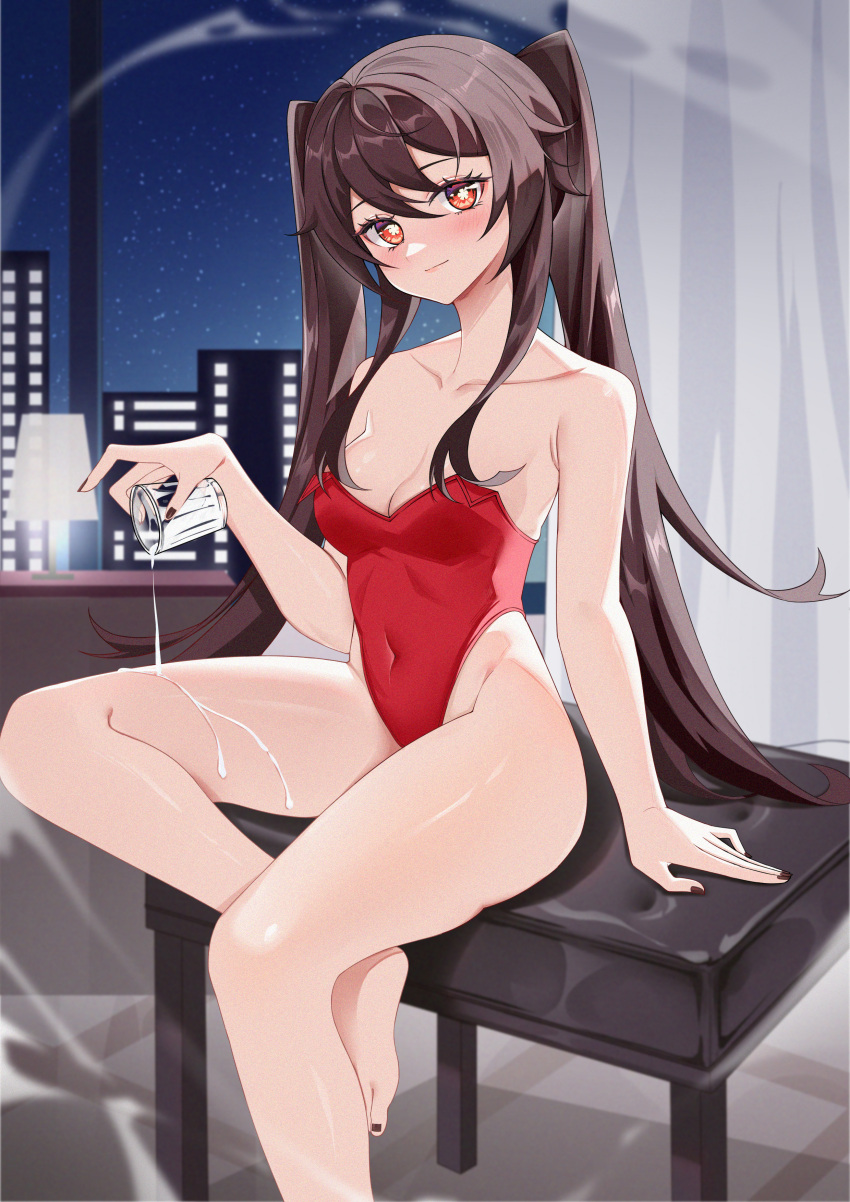 1girl absurdres alternate_costume bare_shoulders black_nails breasts brown_hair closed_mouth collarbone covered_navel cup curtains drinking_glass flower-shaped_pupils gengetsu_aya genshin_impact highres holding holding_cup hu_tao_(genshin_impact) indoors leotard long_hair looking_at_viewer medium_breasts night night_sky piano_bench pouring pouring_onto_self red_eyes red_leotard sidelocks sitting sky solo star_(sky) starry_sky strapless strapless_leotard symbol-shaped_pupils thighs twintails very_long_hair wet window