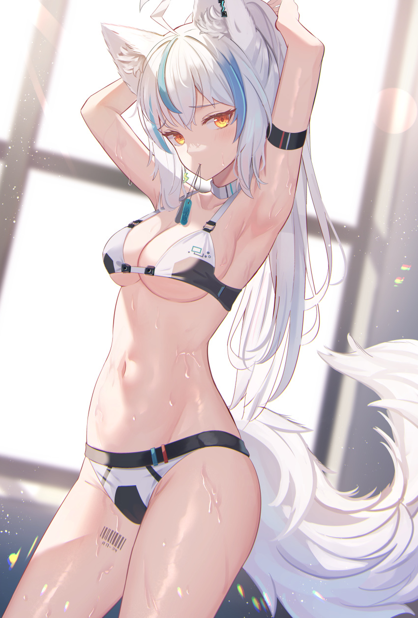 1girl absurdres ahoge animal_ear_fluff animal_ears arm_strap armpits arms_behind_head arms_up bangs barcode barcode_tattoo bare_arms bare_shoulders bikini blue_hair breasts choker cleavage commentary_request cowboy_shot dutch_angle fox_ears fox_girl fox_tail groin halterneck highres indoors large_breasts leg_tattoo light_particles lightning_bolt_earrings lightning_bolt_symbol long_hair looking_at_viewer mirufuaa mouth_hold multicolored_hair navel orange_eyes original ponytail raised_eyebrows sidelighting sidelocks solo stomach streaked_hair swimsuit tail tattoo thighs two-tone_bikini two-tone_hair tying_hair wet white_bikini white_choker white_hair white_tail window