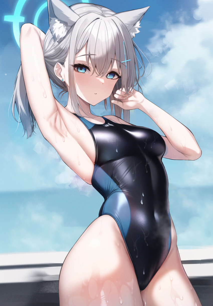 1girl absurdres animal_ear_fluff animal_ears black_one-piece_swimsuit blue_archive blue_eyes breasts competition_swimsuit covered_navel cross cross_hair_ornament extra_ears grey_hair hair_ornament halo highleg highleg_swimsuit highres impossible_clothes impossible_swimsuit inverted_cross looking_at_viewer low_ponytail medium_breasts mismatched_pupils multicolored_clothes multicolored_swimsuit official_alternate_costume one-piece_swimsuit ponytail shiny shiny_hair shiny_skin shiroko_(blue_archive) shiroko_(swimsuit)_(blue_archive) solo standing suujiniku swimsuit two-tone_swimsuit wet wet_clothes wet_swimsuit
