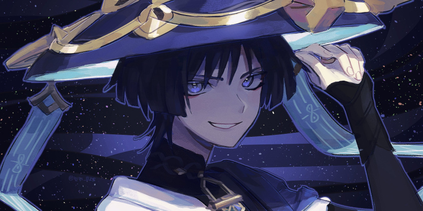 1boy black_gloves blue_eyes blue_hair blue_headwear fingerless_gloves genshin_impact gloves hat_tip highres looking_at_viewer makeup mascara night night_sky open_clothes scaramouche_(genshin_impact) short_sleeves sky smirk star_(sky) starry_sky yiyi_025