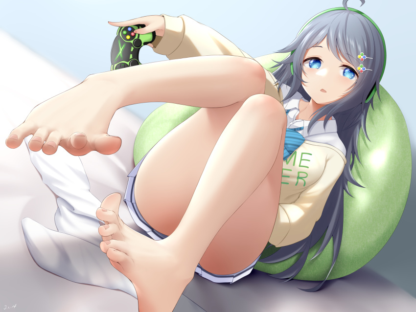 1girl ahoge ass bangs barefoot bean_bag_chair black_hair blue_bow blue_bowtie blue_eyes bow bowtie cardigan chinese_commentary collared_shirt commentary_request controller convenient_leg dutch_angle feet foot_focus foreshortening game_controller hair_ornament hairclip hand_up head_tilt headphones highres holding inohara_koboshi j.c.14 knees_up leaning_back legs legwear_removed long_hair looking_at_viewer miniskirt no_shoes ongeki open_mouth pleated_skirt school_uniform shirt sitting skirt solo spread_toes swept_bangs toes white_shirt white_skirt