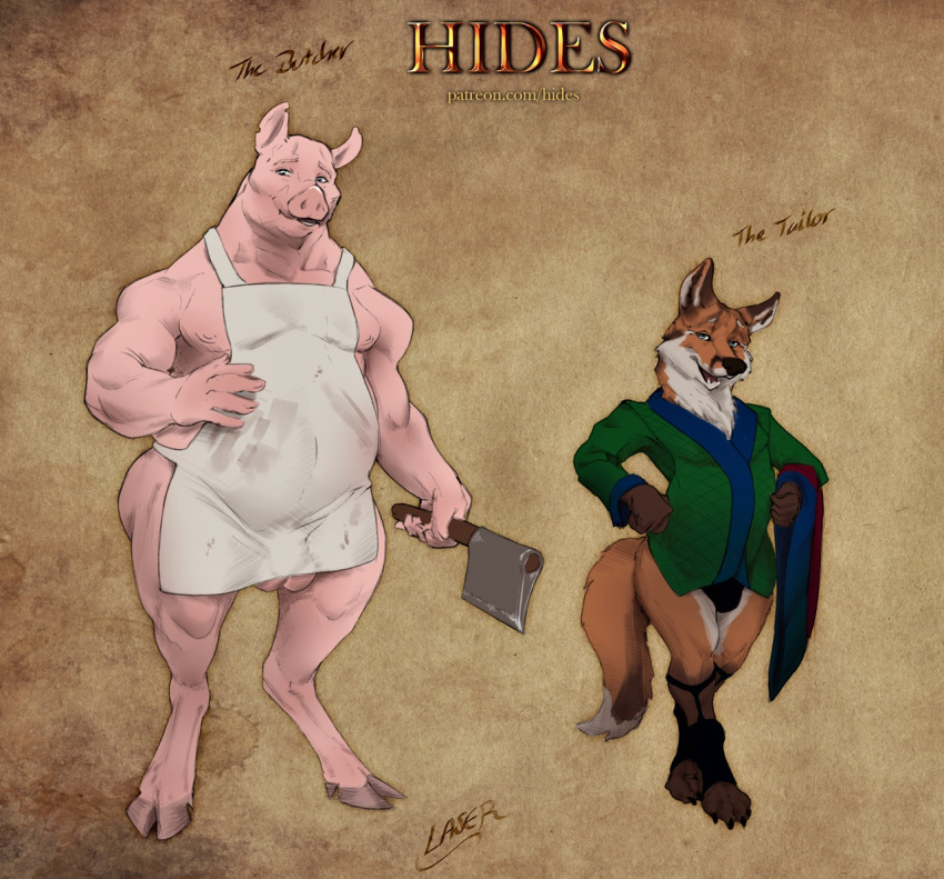 anthro apron blue_eyes brown_body brown_fur bulge butcher butcher_knife canid canine clothed clothing digitigrade domestic_pig duo fox fur green_clothing green_topwear hooves laser laser_(artist) legwear looking_at_viewer male mammal narrowed_eyes open_mouth pink_balls pink_body signature simple_background standing suid suina sus_(pig) topwear white_body white_fur