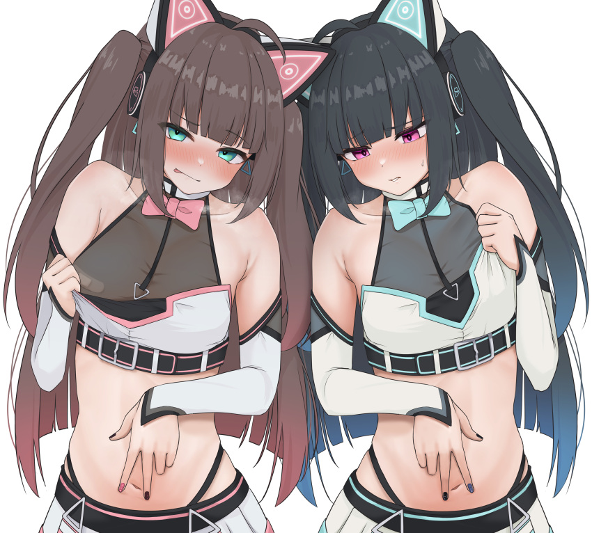 2girls absurdres aqua_eyes armpit_crease bandaid bandaids_on_nipples bangs black_hair black_nails blue_nails blunt_bangs blush bow bowtie breath brown_hair cat_ear_headphones collarbone detached_sleeves dual_persona fuyuiro_(natsuiro_matsuri) headphones highres hololive licking_lips long_hair looking_at_viewer looking_down micon midriff multiple_girls nail_art nail_polish natsuiro_matsuri navel official_alternate_costume official_alternate_hairstyle parted_lips pasties pink_eyes pink_nails see-through simple_background skirt spread_navel sweat sweatdrop tongue tongue_out two_side_up upper_body virtual_youtuber white_background