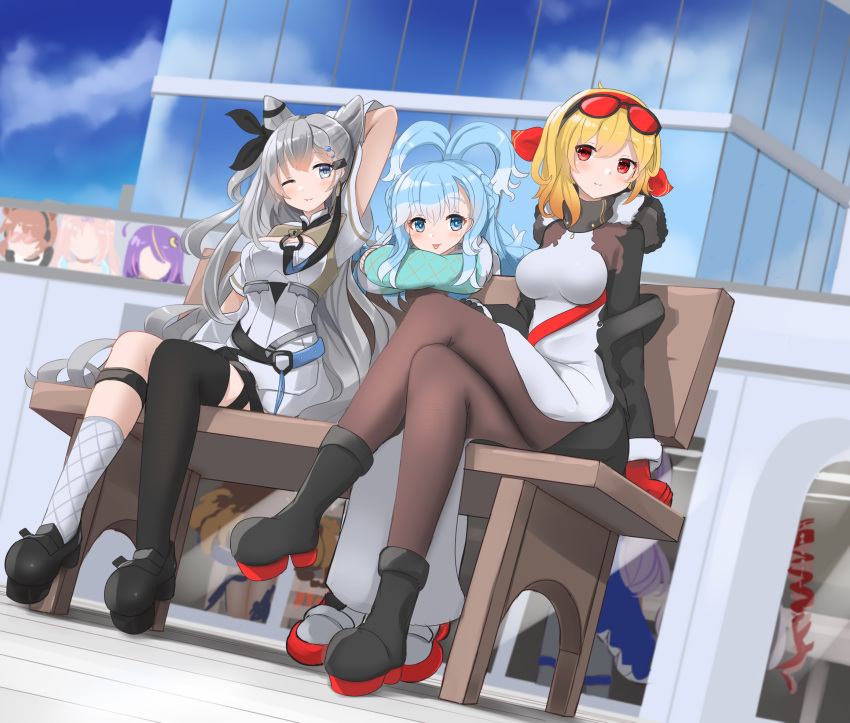 3girls airani_iofifteen anya_melfissa area_15 asymmetrical_legwear ayunda_risu black_bodysuit black_footwear black_thighhighs blonde_hair blue_eyes blue_hair blue_sky bodysuit breasts cleavage cleavage_cutout clothing_cutout gloves grey_eyes grey_hair highres holoh3roes hololive hololive_indonesia holoro hood hood_down hoodie kaela_kovalskia kobo_kanaeru kureiji_ollie liquid_hair looking_at_viewer moona_hoshinova multiple_girls pavolia_reine red-tinted_eyewear red_eyes red_gloves redundant-cat sitting sky thighhighs tinted_eyewear tongue tongue_out two-tone_bodysuit vestia_zeta virtual_youtuber white_bodysuit white_thighhighs