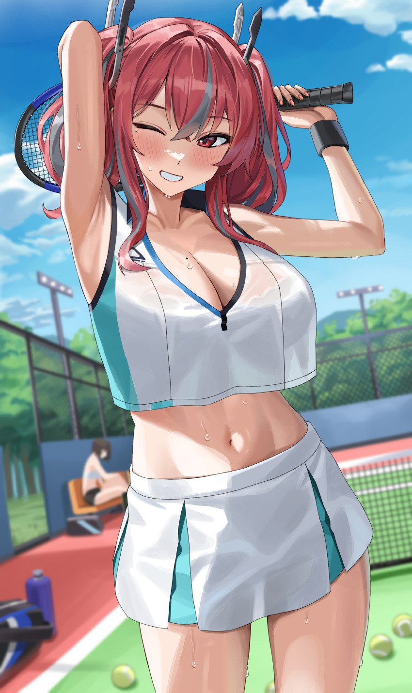 2girls absurdres arm_up armpits azur_lane bad_id bad_twitter_id baltimore_(azur_lane) baltimore_(black_ace)_(azur_lane) blush breasts bremerton_(azur_lane) bremerton_(scorching-hot_training)_(azur_lane) cleavage collarbone cowboy_shot grey_hair highres holding_tennis_racket large_breasts long_hair mole mole_on_breast mole_under_eye multicolored_hair multiple_girls navel official_alternate_costume one_eye_closed outdoors parted_lips pink_hair racket red_eyes shocho sitting skirt smile solo_focus streaked_hair sweat tennis_court tennis_racket thighs twintails