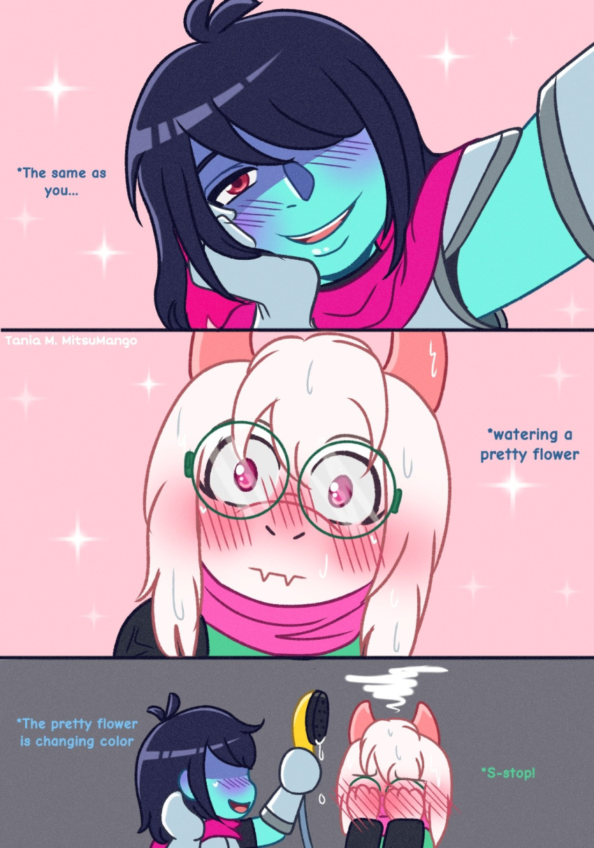 2_horns ambiguous_gender anthro armor artist_name blue_body blue_hair blue_skin blush blush_lines bovid caprine comic deltarune dialogue duo english_text eye_contact eyewear flirting flustered fur glasses goat green_eyewear green_glasses hair hand_on_face hi_res hiding_face horn hose human kris_(deltarune) looking_at_another mammal mitsu_mango open_mouth open_smile pink_eyes pink_horn pink_scarf ralsei red_eyes scarf simple_background smile sparkles text undertale_(series) video_games wet wet_body wet_fur white_body white_fur