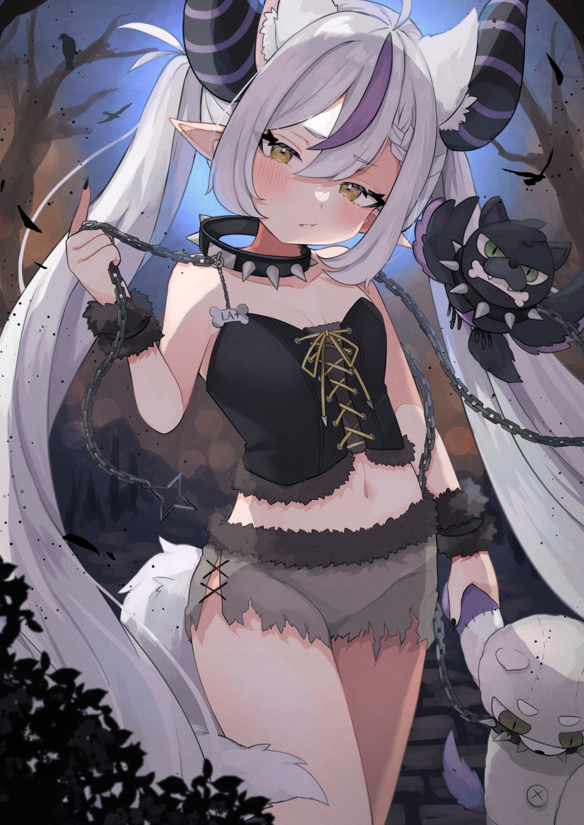 1girl absurdres ahoge alternate_costume alternate_hairstyle animal_ears bare_shoulders black_horns blush breasts chain cleavage closed_mouth collar crow_(la+_darknesss) grey_hair hair_between_eyes halloween highres hololive horns la+_darknesss light_purple_hair long_hair looking_at_viewer midriff multicolored_hair mutsumi326 navel outdoors pointy_ears pout purple_hair shorts spiked_collar spikes standing streaked_hair striped_horns stuffed_toy tail thighs twintails very_long_hair virtual_youtuber white_hair wolf_ears wolf_tail yellow_eyes