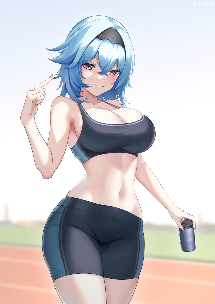 1girl alternate_costume bangs bare_shoulders bike_shorts black_hairband blue_hair breasts can cleavage collarbone crossed_bangs drink eula_(genshin_impact) genshin_impact gradient_eyes hair_between_eyes hairband hand_up highres holding holding_can holding_drink index_finger_raised large_breasts looking_at_viewer medium_hair midriff multicolored_eyes navel outdoors parted_lips purple_eyes revision running_track shinalpha smile solo sports_bra stomach sweat thighs wide_hips