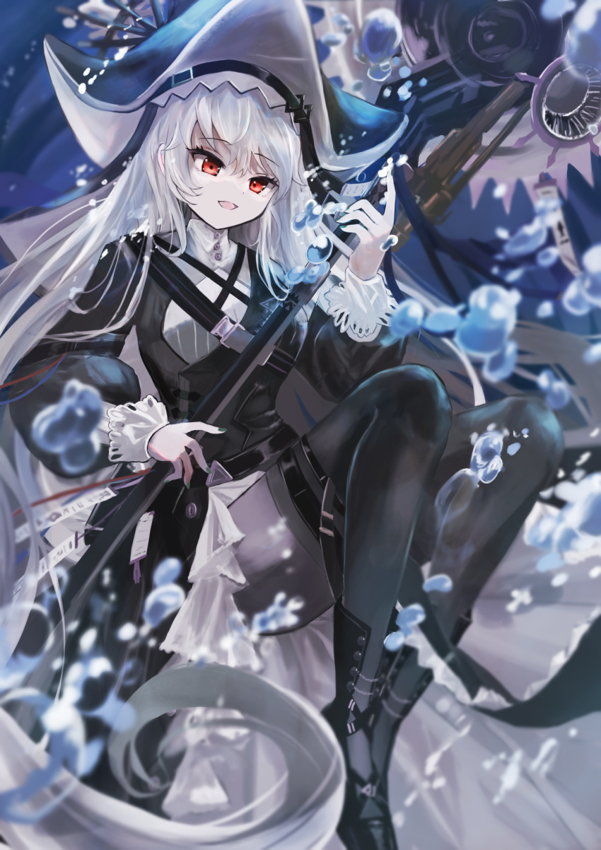1girl :d air_bubble arknights bangs black_dress black_footwear black_panties black_pantyhose black_thighhighs boots bubble dress grey_hair highres holding holding_weapon kataageteto knee_boots long_hair long_sleeves looking_at_viewer open_mouth panties pantyhose pelvic_curtain red_eyes smile solo specter_(arknights) specter_the_unchained_(arknights) thighhighs thighhighs_over_pantyhose underwater underwear very_long_hair weapon white_headwear