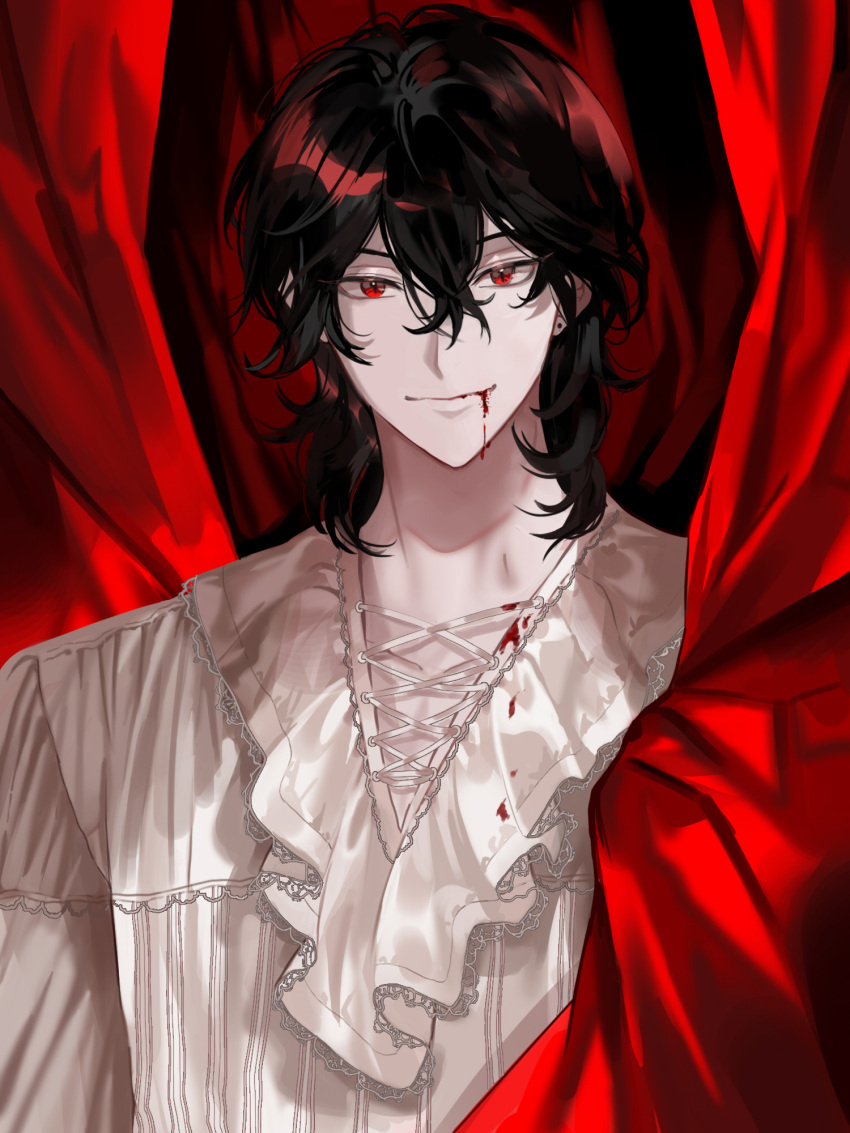 1boy black_hair blood blood_from_mouth blood_on_clothes cross-laced_clothes curtains earrings ensemble_stars! hair_between_eyes highres jewelry korean_commentary lace-trimmed_shirt lace_trim looking_at_viewer male_focus medium_hair nani_(s2_nani) red_curtains red_eyes sakuma_rei_(ensemble_stars!) shirt slit_pupils smile solo stud_earrings upper_body vampire white_shirt