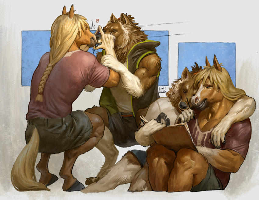 &lt;3 amber_eyes anthro arm_on_shoulder athletic athletic_anthro athletic_male biceps black_bottomwear black_clothing black_nose black_shorts blonde_hair bottomwear braided_hair braided_ponytail brasa_(jerome_jacinto) brown_body brown_fur canid canine canis clothed clothing crouching cuddling duo equid equine eyes_closed facial_markings fur furgonomics grey_background hair head_markings hi_res horse jerome_jacinto khaki_shorts khakis kissing male mammal mane markings pen purple_clothing purple_shirt purple_topwear romantic romantic_couple shirt shorts simon_(jerome_jacinto) simple_background sketchbook t-shirt tank_top topwear vest were werecanid werecanine werewolf white_body white_clothing white_fur white_shirt white_topwear wolf