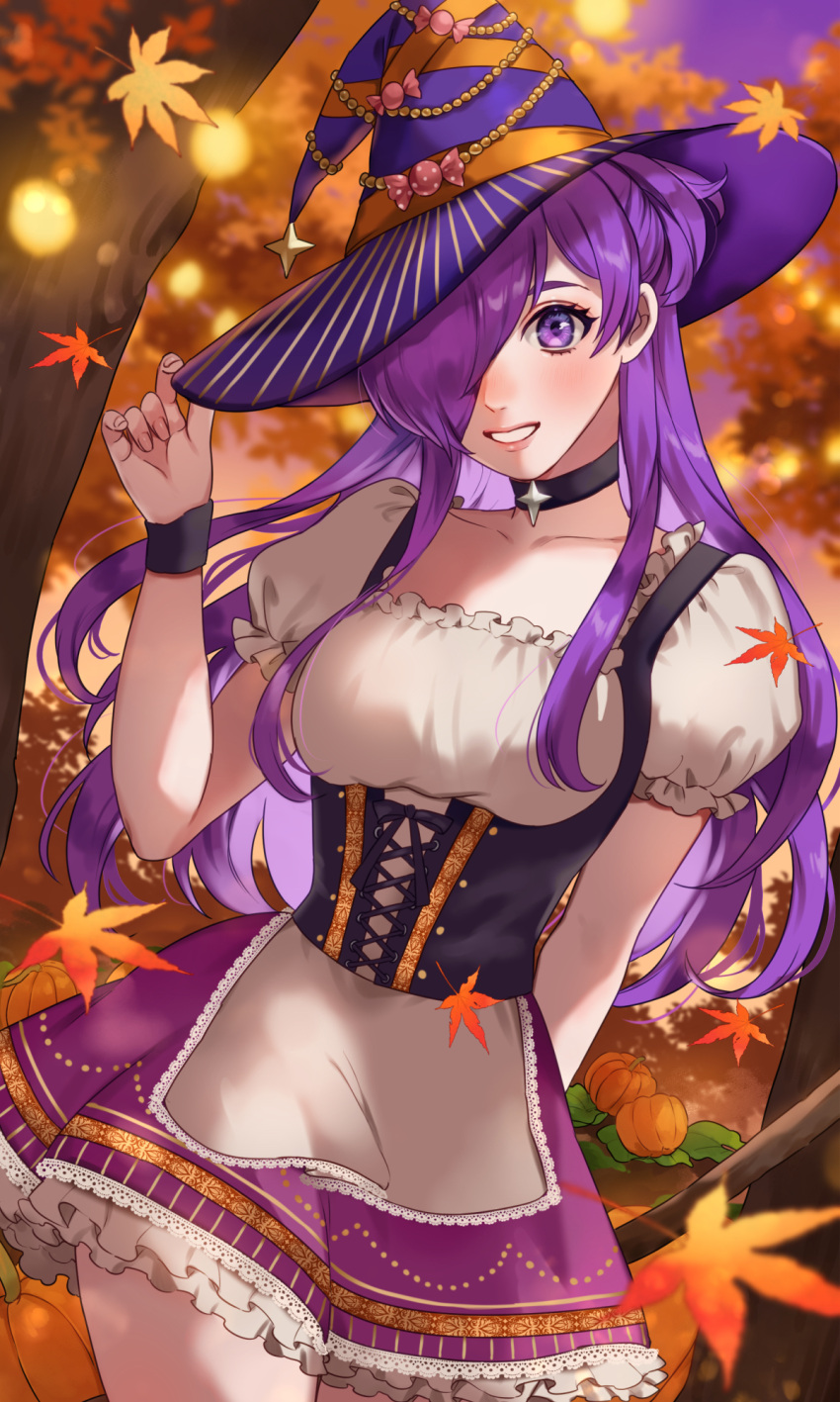 1girl alternate_costume arm_behind_back autumn_leaves black_choker choker collarbone commentary dress fingernails fire_emblem fire_emblem:_three_houses fire_emblem_warriors:_three_hopes frilled_dress frilled_skirt frills hair_over_one_eye halloween halloween_costume hat highres leaf long_hair looking_at_viewer one_eye_covered puffy_short_sleeves puffy_sleeves pumpkin purple_eyes purple_hair purple_headwear purple_skirt shez_(fire_emblem) shez_(fire_emblem)_(female) short_sleeves skirt smile solo tree wawatiku white_dress witch witch_hat