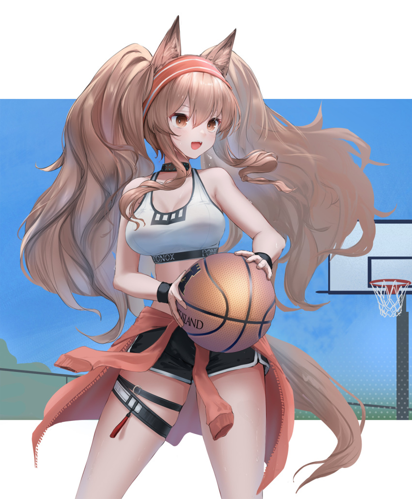 1girl :d angelina_(arknights) animal_ears arknights ball bangs basketball black_choker black_shorts breasts brown_eyes brown_hair choker cleavage commentary_request cowboy_shot crop_top fox_ears fox_tail hair_between_eyes highres holding holding_ball large_breasts long_hair midriff official_alternate_costume open_mouth short_shorts shorts sidelocks smile solo sports_bra standing sthk tail thighs twintails very_long_hair